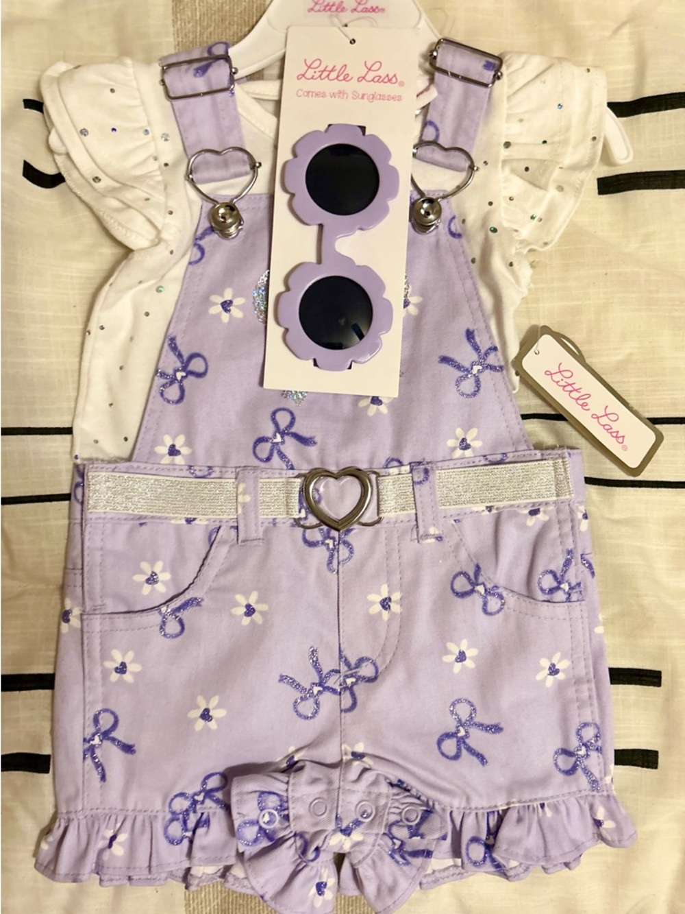 NWT Little Lass 3-Piece Floral Overalls Set with Matching Sunglasses - 12 Months